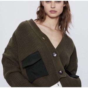 Zara Combination Pocket Cardigan Jacket Knit Khaki Green Size Medium